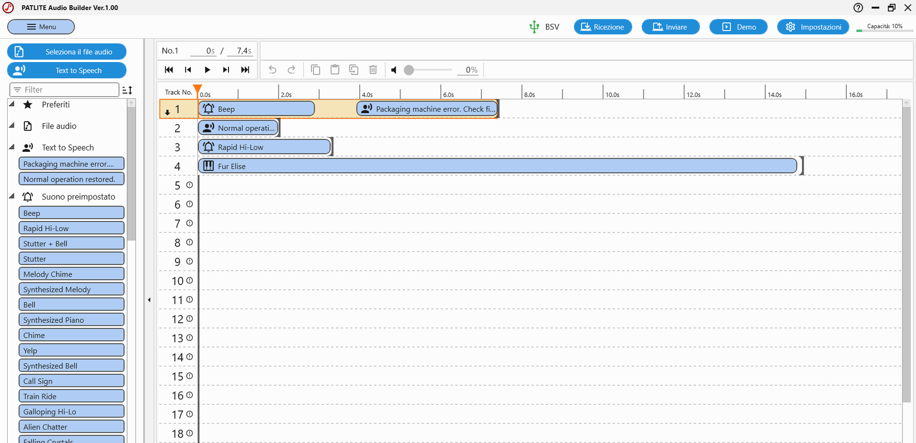 Schermata di modifica della playlist in PATLITE Audio Builder. A sinistra sono elencate le clip audio, a destra è visualizzata una playlist multitraccia.