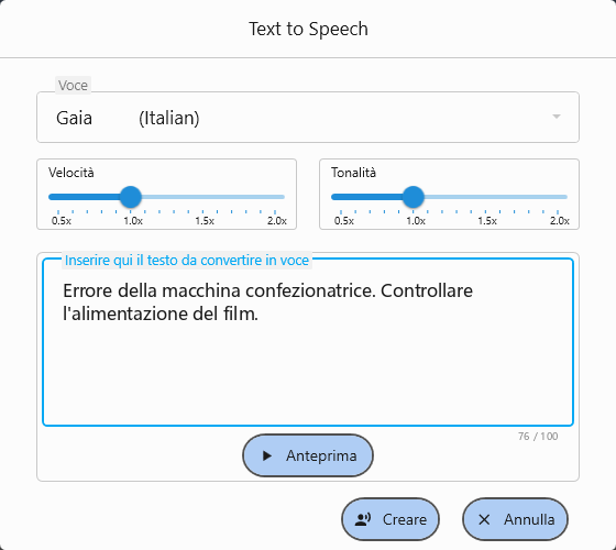 Schermata Text to Speech. Selezionare una voce, regolare velocità e tono e generare il parlato dal testo inserito.