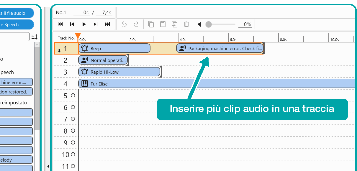 Schermata di modifica della playlist in PATLITE Audio Builder